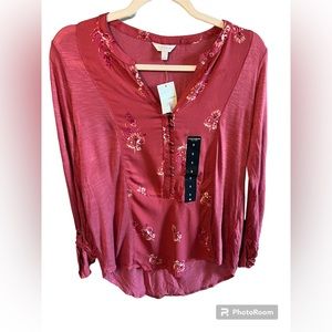 Lucky Brand Womens Maroon Floral Knit Long Sleeve Top small